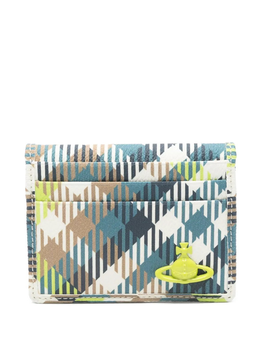Man Card Holder in Fluro Tartan by Vivienne Westwood, front view of bifold card holder in bold multicolour fluro tartan print combining teal, tan, navy and lime green, neon yellow Orb plaque and multiple card slots, Spring/Summer 2026