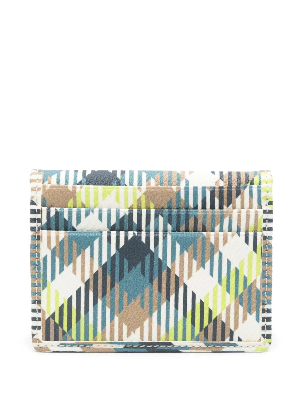 Man Card Holder in Fluro Tartan by Vivienne Westwood, angled front view showing multicolour fluro tartan print with teal, tan, navy and lime green, neon yellow Orb plaque detail, Spring/Summer 2026