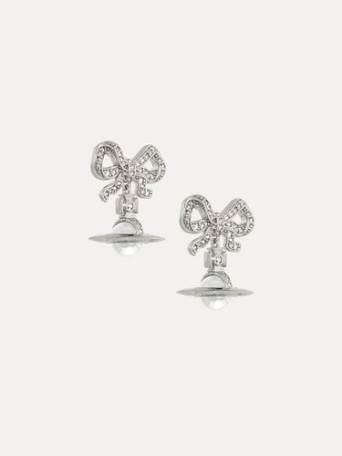 Pair of silver bow-shaped earrings on a white background