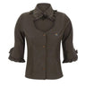SS Toulouse Frill Shirt in Dark Khaki by Vivienne Westwood, front view of fitted dark khaki pinstripe cotton shirt with sweetheart neckline, ruffled frill collar, three-quarter sleeves with frill cuffs and Orb logo embroidery, Spring/Summer 2026