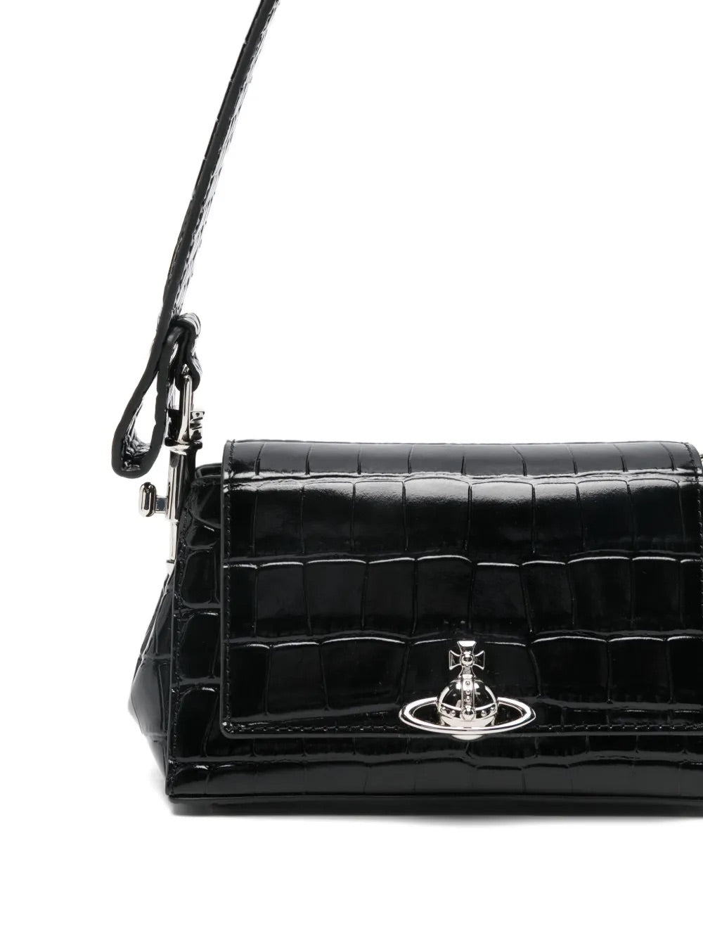 Hazel Small Handbag in Black by Vivienne Westwood, closeup of glossy black crocodile emboss leather texture and signature Orb hardware detail on front flap, silver-tone finish, Spring/Summer 2026