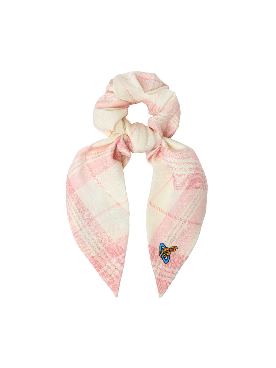 Vivienne Westwood Scrunchie Large in Ivory Pink check with scarf ties and orb embroidery