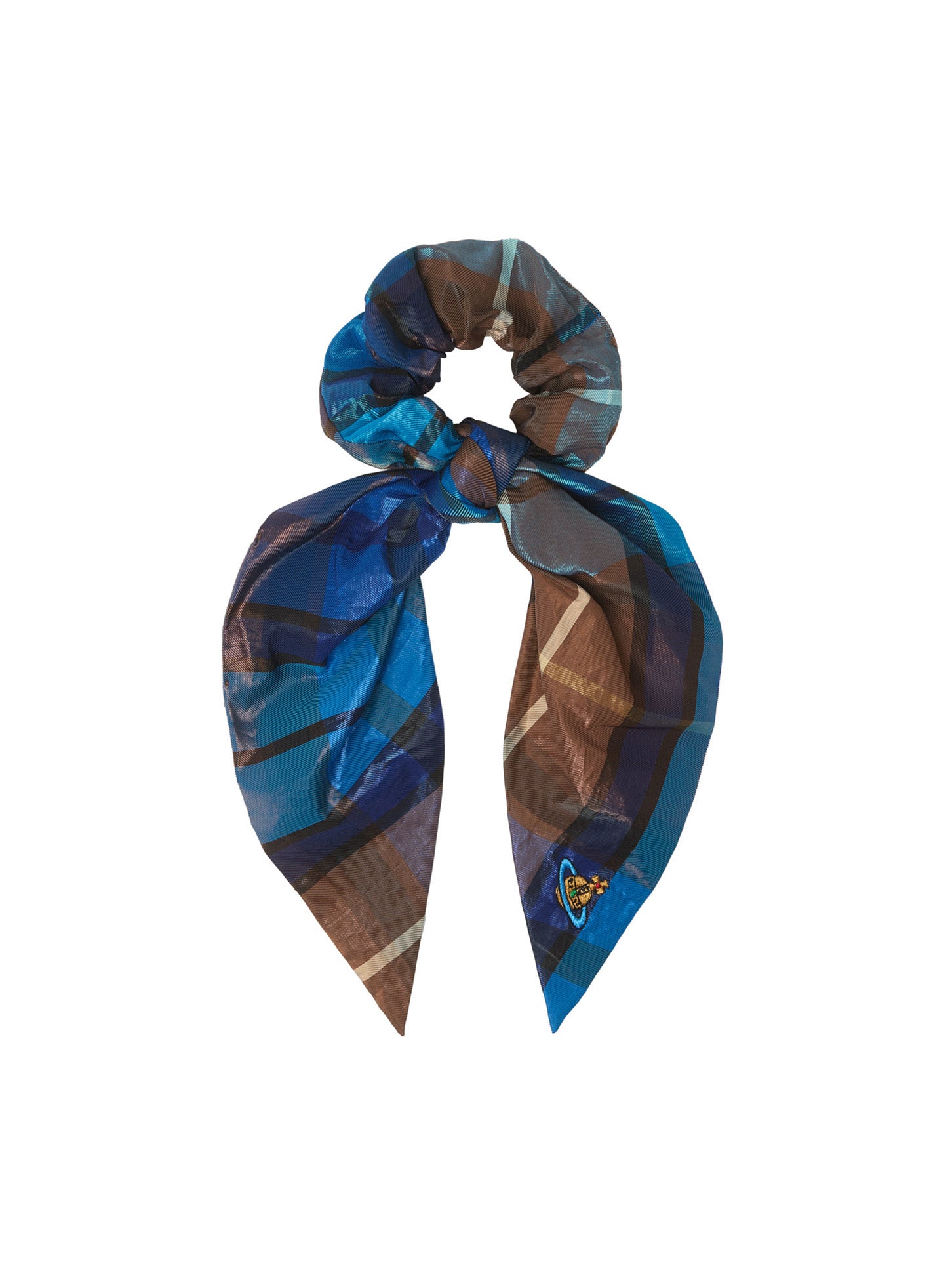 Vivienne Westwood Large Scrunchie in Shiny Blue Brown checked fabric with gathered elasticated silhouette, long scarf-style tails, lustrous finish and multi-coloured orb embroidery
