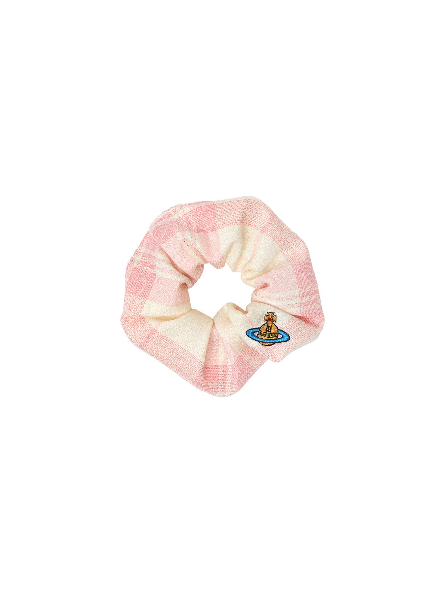 Vivienne Westwood Small Scrunchie in Ivory Pink Coquette check with gathered elasticated silhouette and multi-coloured orb embroidery