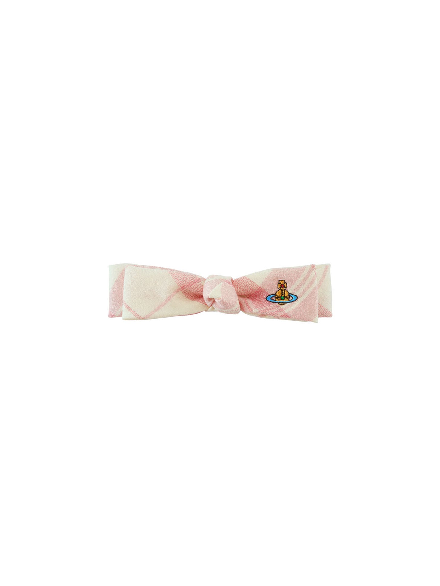 Vivienne Westwood Small Hair Clip in Ivory/Pink Coquette check fabric with a knotted bow silhouette and multi-coloured orb embroidery