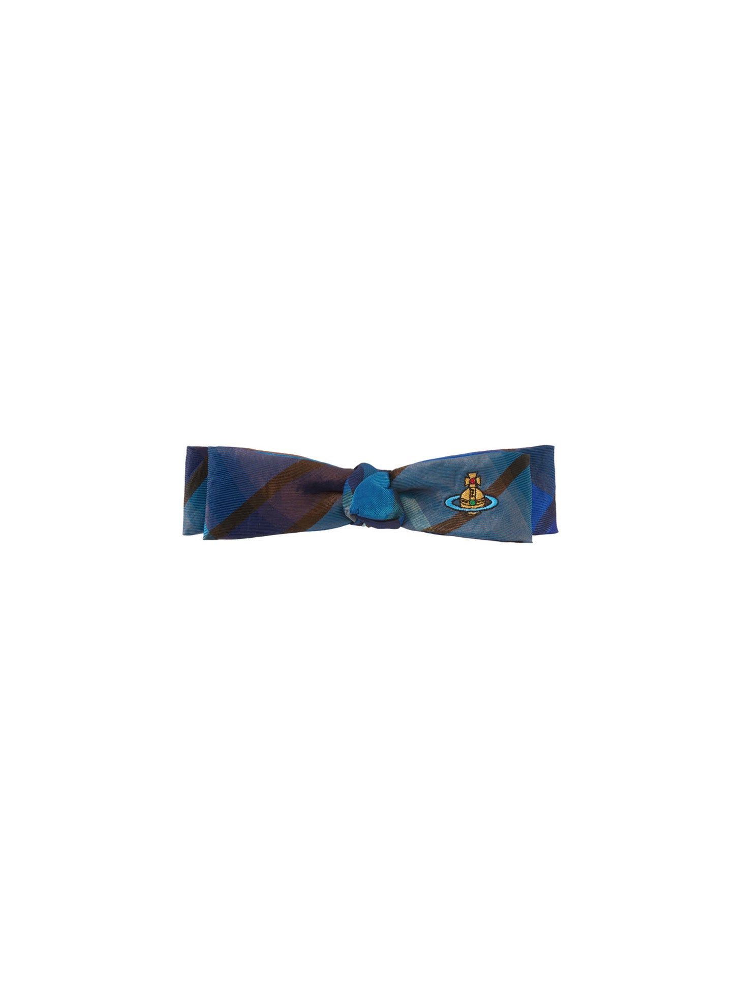 Vivienne Westwood Small Hair Clip in shiny blue and brown checked fabric with a knotted bow silhouette and multi-coloured orb embroidery