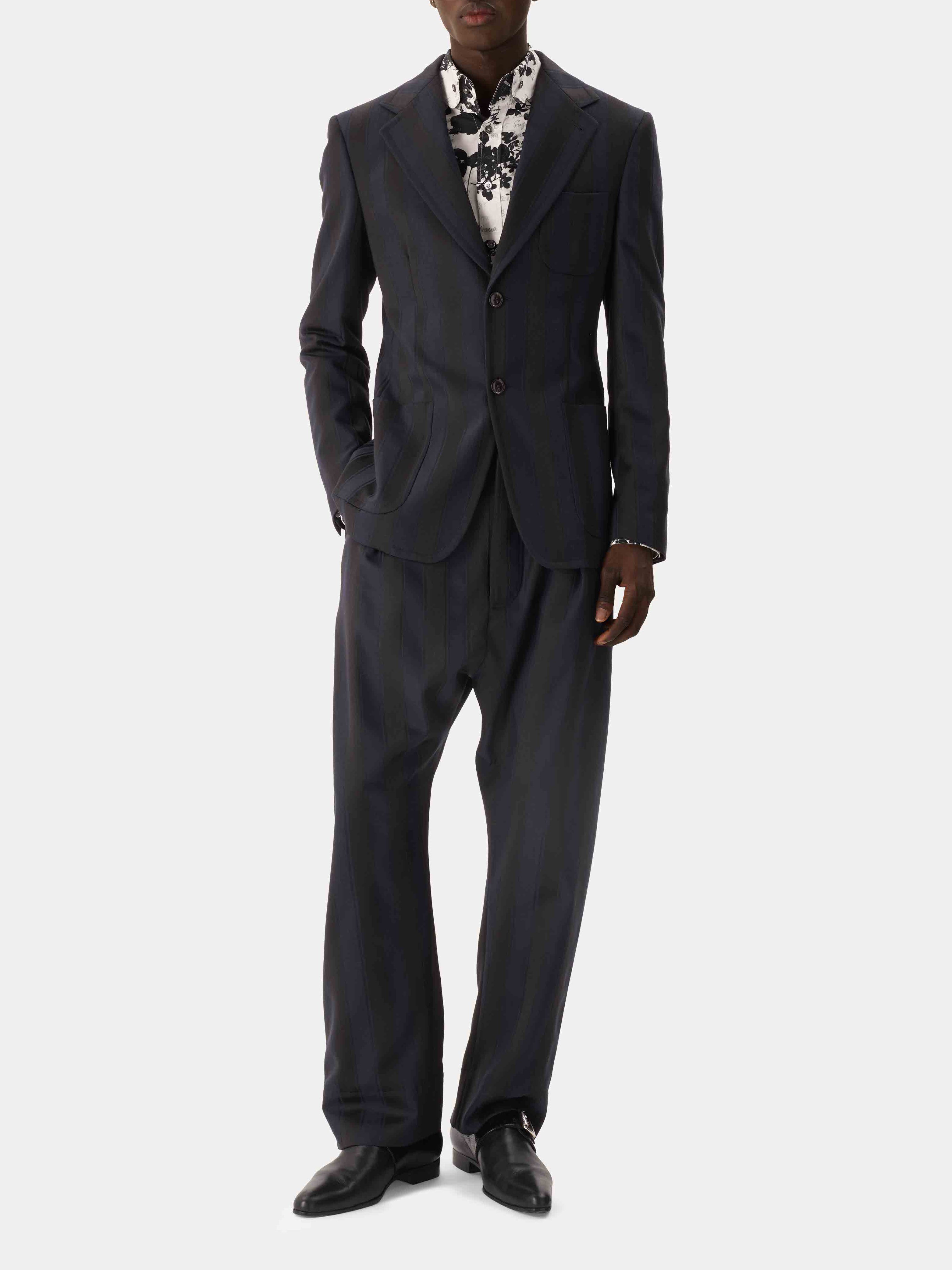 Vivienne Westwood Swing Corset Trousers in Midnight Blue Black wool with high-rise corset waistband, vertical stripe pattern and tailored straight-leg silhouette