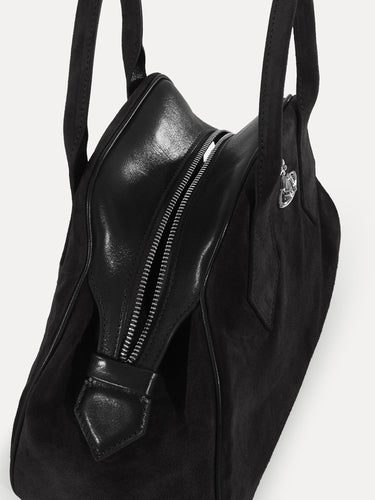 Black leather bag from Vivienne Westwood with a zipper on a white background