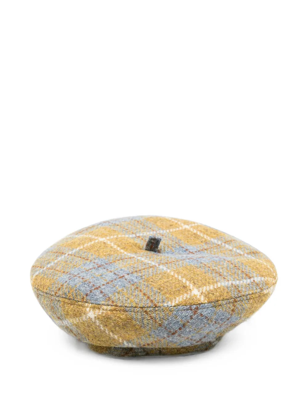 Vivienne Westwood Beret Harris Tweed in Multi, low side view with flat crown, top button detail and softly structured silhouette.