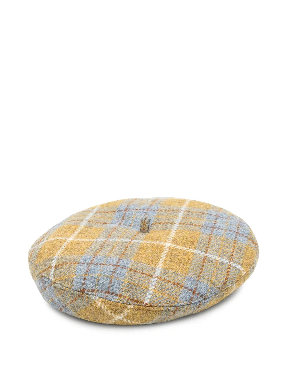 Vivienne Westwood Beret Harris Tweed in Multi, angled side view showing the multicolour tartan pattern and classic beret shape.