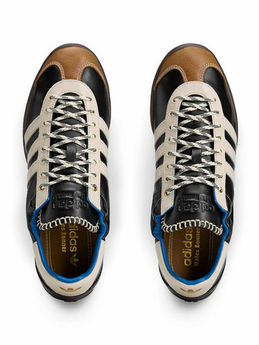 Wales Bonner x Adidas Karintha OG in Core Black Wonder White Lush Blue black leather sneaker with co-branded insole and gold-tone eyelets, top view – Wales Bonner x Adidas SS26