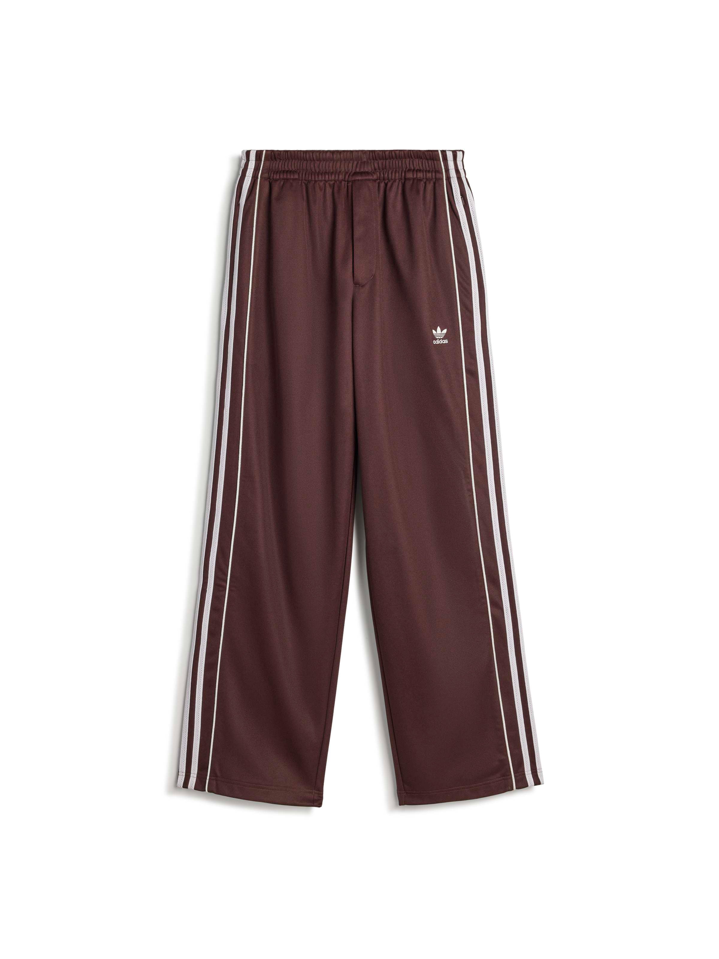 Wales Bonner x Adidas Track Pants in Shadow Brown shadow brown wide-leg track pants with white three-stripe detail and elasticated waistband, front view – Wales Bonner x Adidas SS26