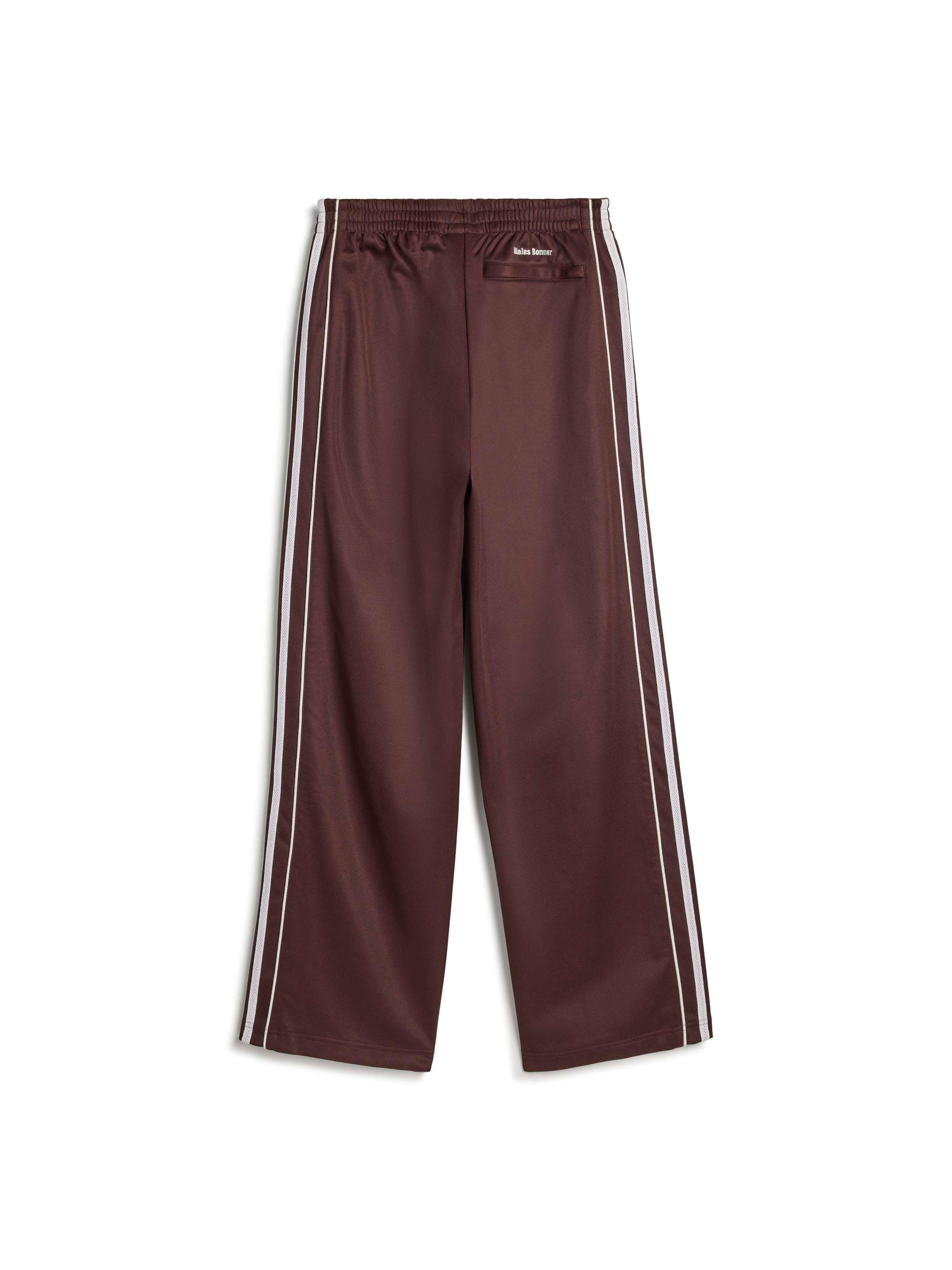 Wales Bonner x Adidas Track Pants in Shadow Brown shadow brown wide-leg track pants with white three-stripe detail, back view – Wales Bonner x Adidas SS26