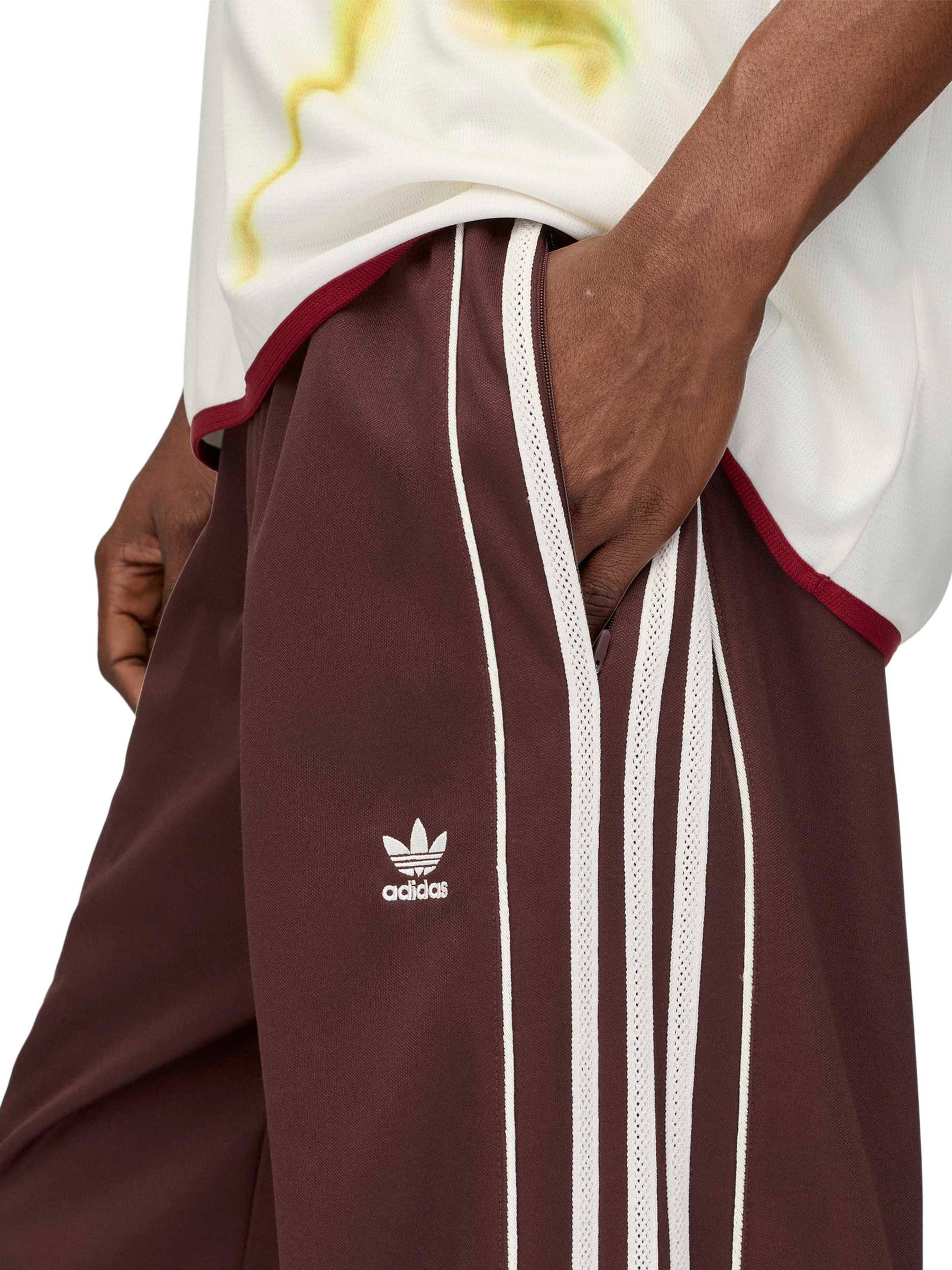 Close-up of side pocket and Adidas Trefoil logo on the Wales Bonner x Adidas Track Pants in Shadow Brown – Wales Bonner x Adidas SS26