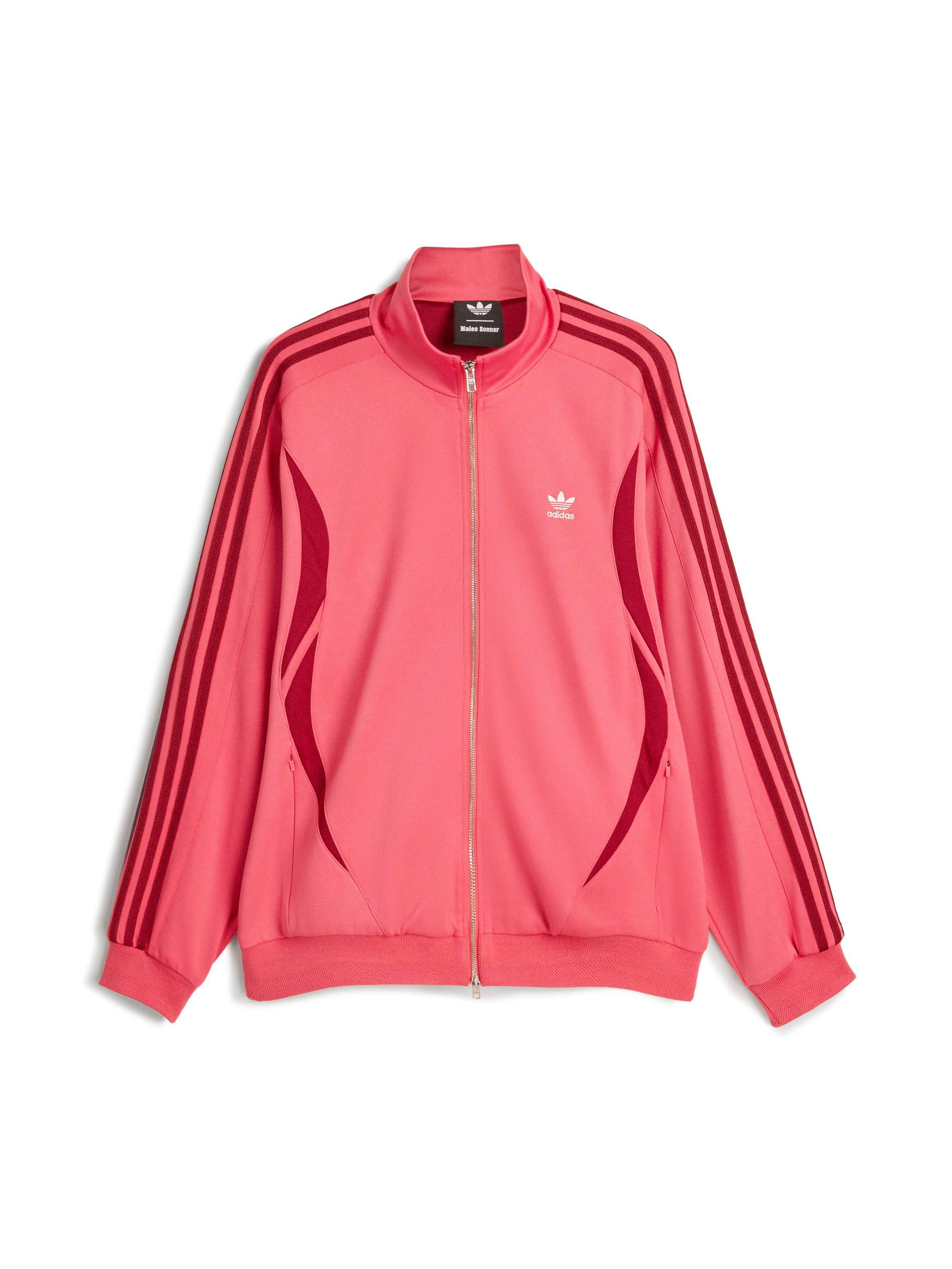 Wales Bonner x Adidas Track Top in Craft Pink pink track jacket with burgundy three-stripe detail, mock neck and zip closure, front view – Wales Bonner x Adidas SS26