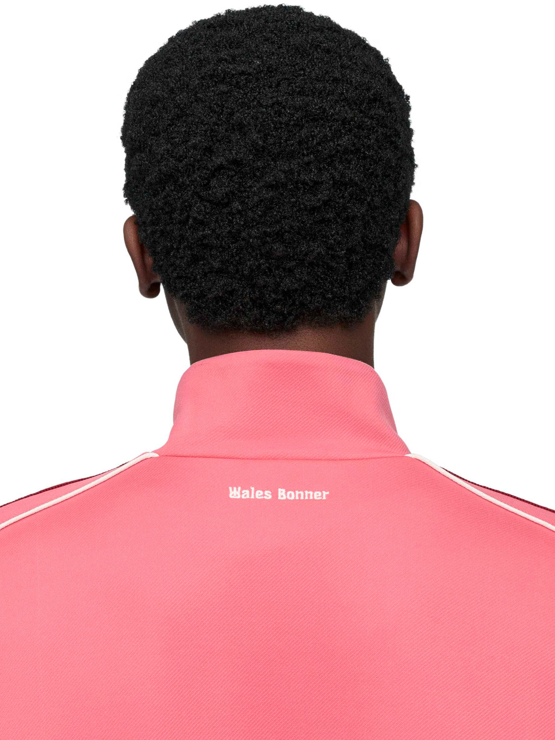 Close-up of Wales Bonner co-branded label and open back panel detail on the Track Top in Craft Pink – Wales Bonner x Adidas SS26