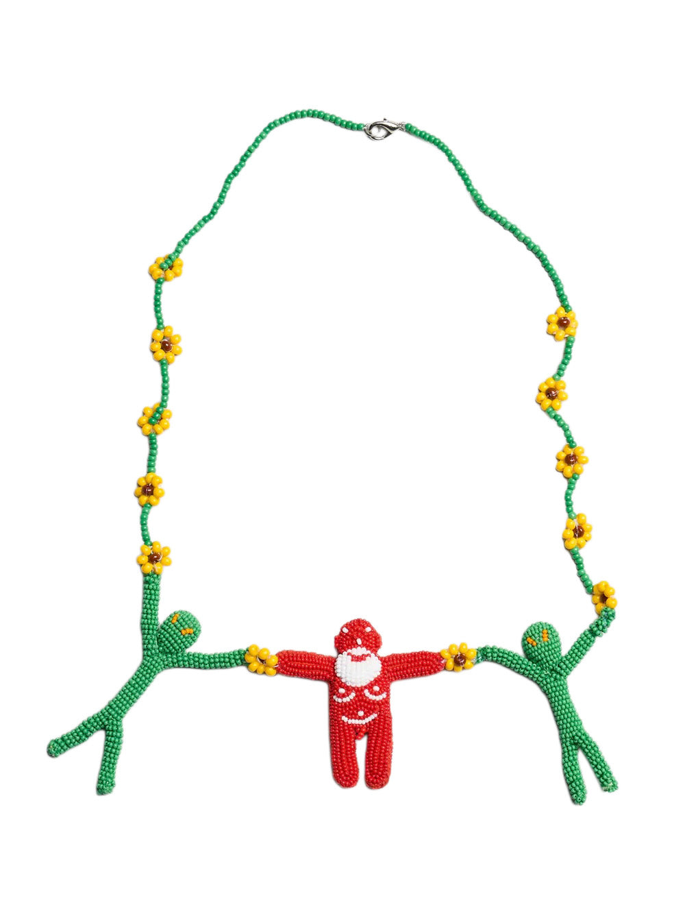 Walter Van Beirendonck Alien Friends Jewel, hand-beaded necklace with two green alien figures and red smiling character holding hands, on green beaded chain with yellow daisy flowers and silver lobster clasp