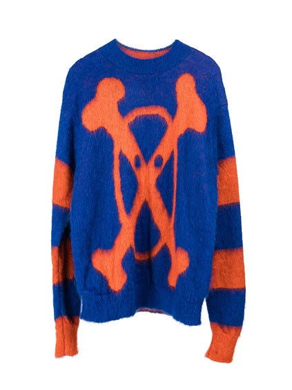 Walter Van Beirendonck Crossed Bones Knit in Mazzarine Blue with oversized orange crossed-bones graphic and striped sleeves, shown flat.