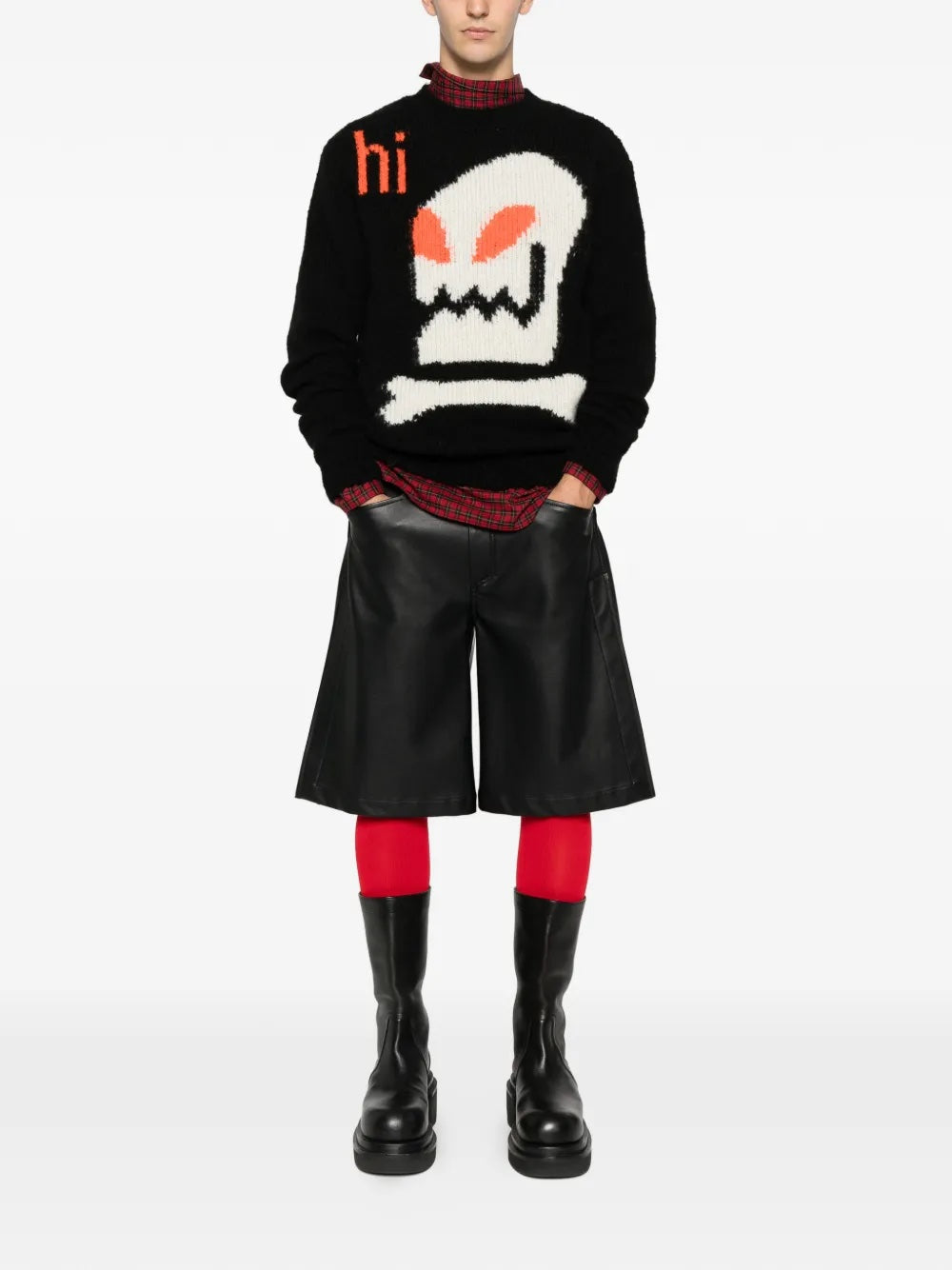 Someone wearing the black knitted sweater with skull illustration from Walter Van Beirendonck on a white background.