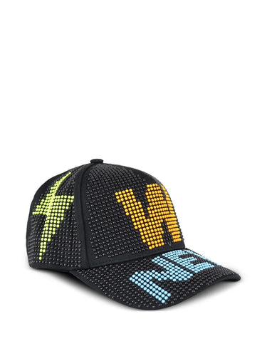 Side view of the black beaded cap from Walter Van Beirendonck on a white background.