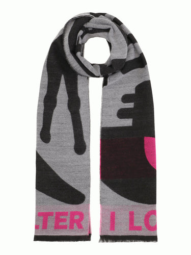Black and pink scarf with alien illustration by Walter Van Beirendonck.