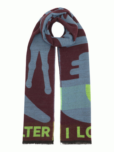 Bordeaux scarf with alien illustration by Walter Van Beirendonck.