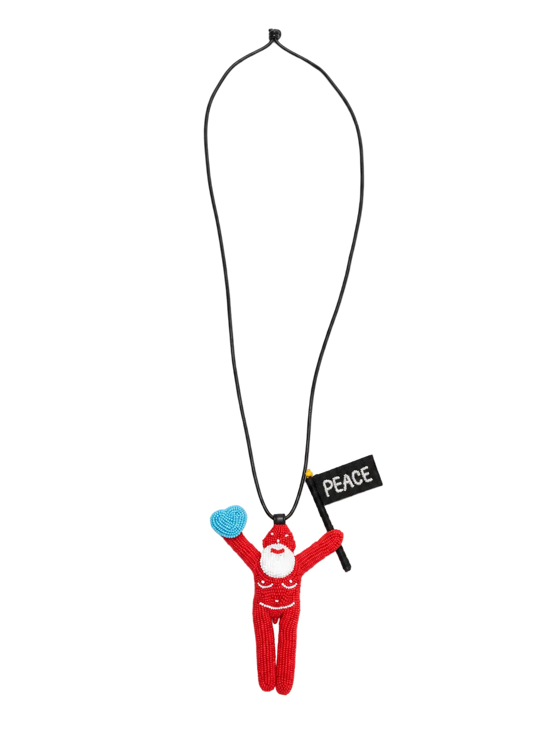 Walter Van Beirendonck Peace Jewel in Flame Scarlet with red beaded character, blue heart and black PEACE flag on a long black cord.