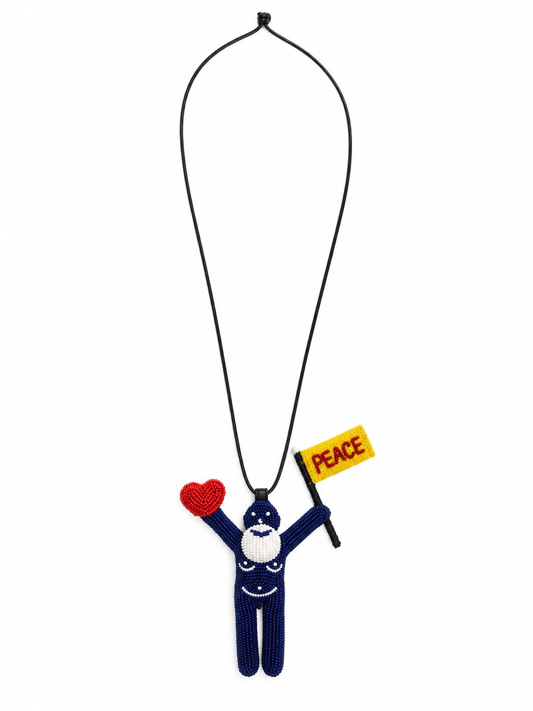 Walter Van Beirendonck Peace Jewel in Mazzarine Blue with beaded character, red heart and yellow PEACE flag on a black cord.