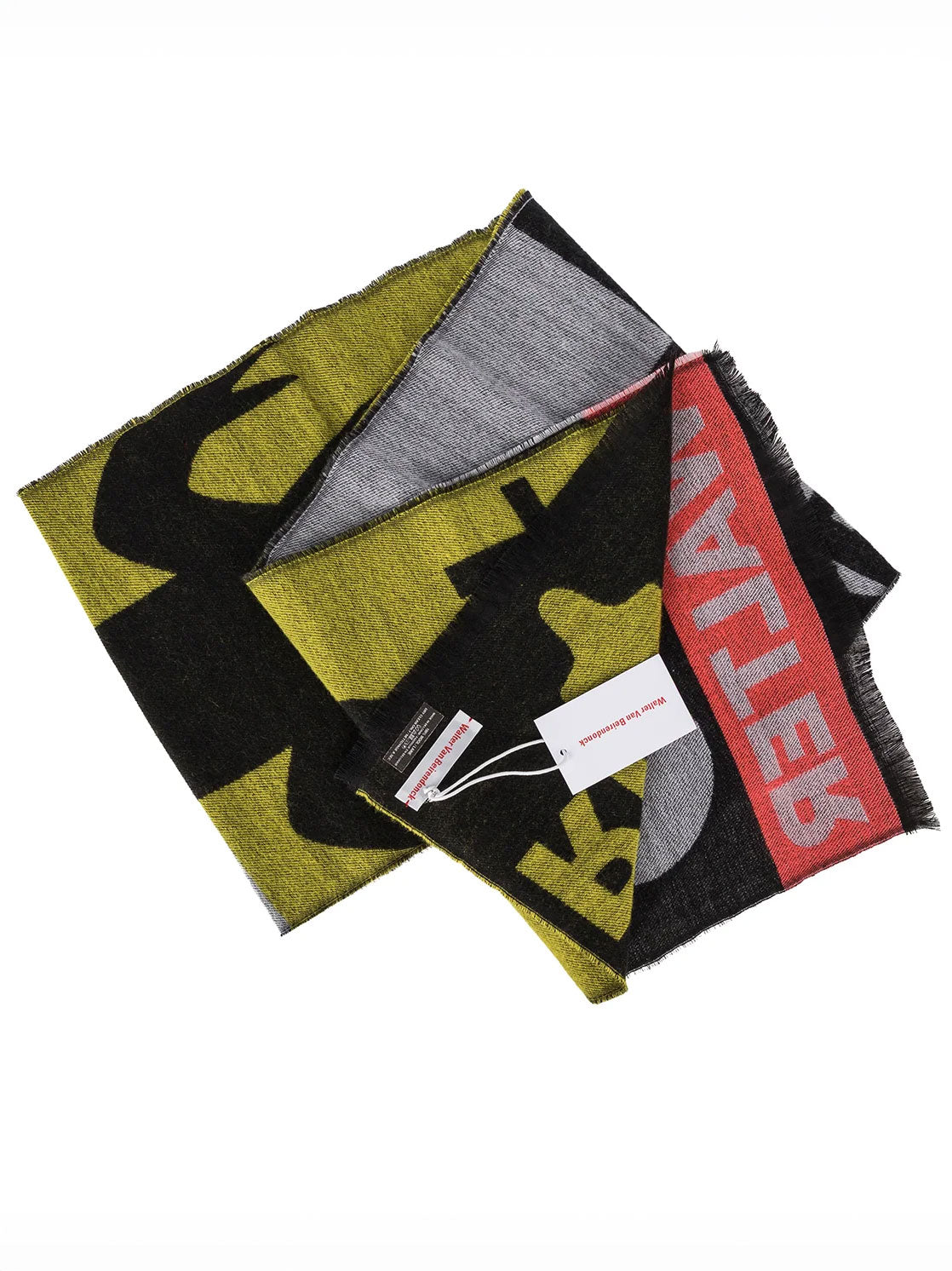 Walter Van Beirendonck Scarecrow Scarf Single in Black with graphic jacquard design and fringed edges, shown folded.