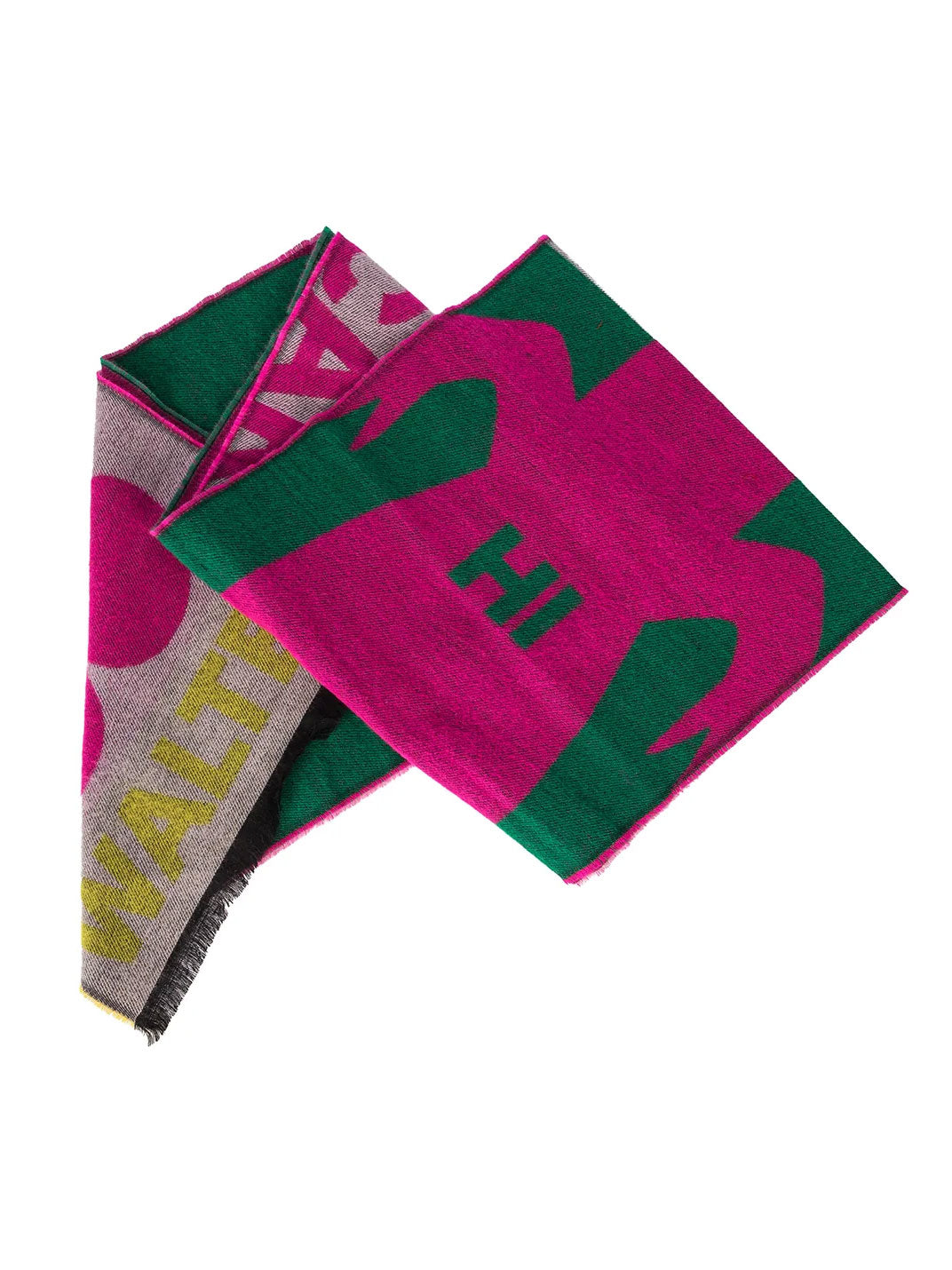 Walter Van Beirendonck Scarecrow Scarf Single in Pink with graphic jacquard motifs and fringed edges, shown folded.