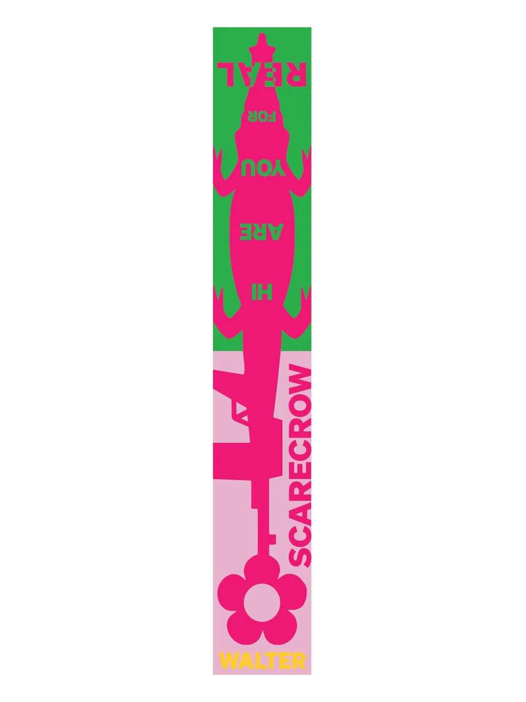 Walter Van Beirendonck Scarecrow Scarf Single in Pink shown flat with scarecrow graphic, statement lettering and contrasting design.