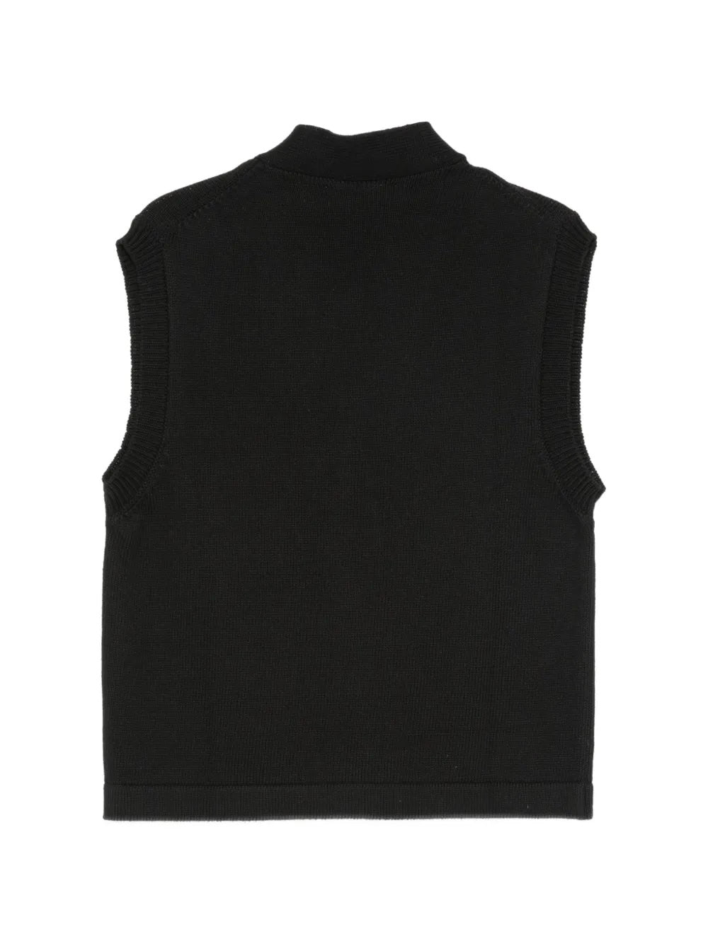 Walter Van Beirendonck Starry Eyes Vest in black, back view, plain black fine knit with ribbed armhole and hem trim