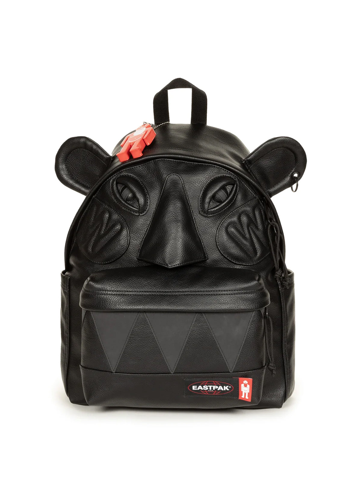 Walter Van Beirendonck Walter Pak'r in Black Faux Leather, front view with sculptural face design, dimensional ears, red charm and Eastpak logo patch.