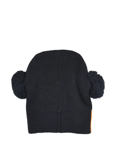 Back view of the black and orange beanie from Walter Van Beirendonck on a white background.