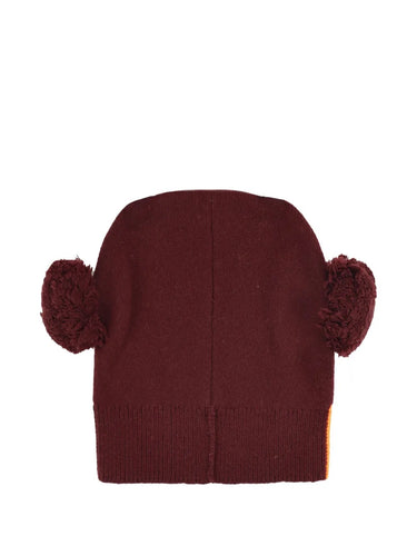 Back view of bordeaux and orange beanie with smiley face from Walter Van Beirendonck on a white background.