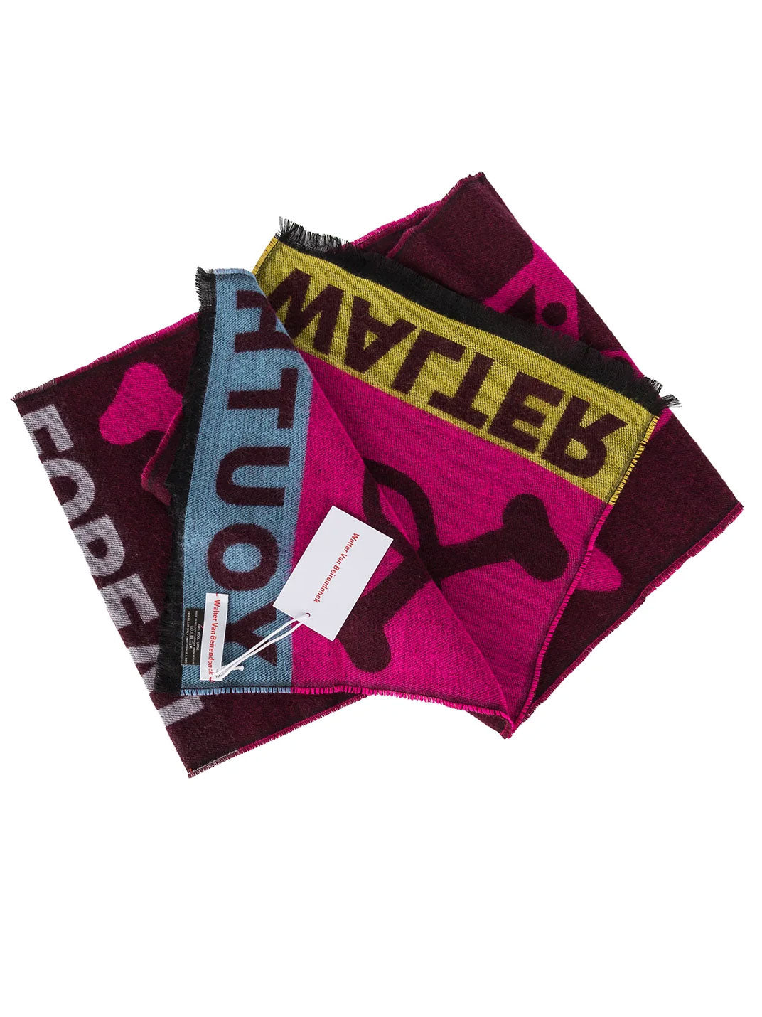 Walter Van Beirendonck Youth Scarf Single in bordeaux with pink, blue and yellow graphic motifs and fringed edges.