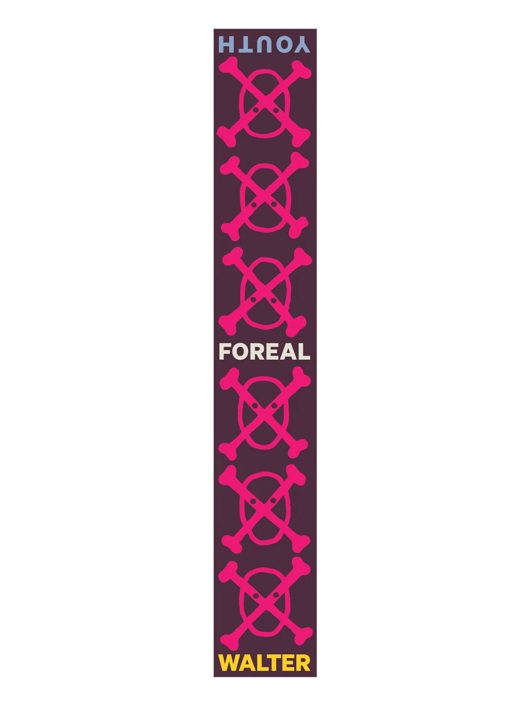 Walter Van Beirendonck Youth Scarf Single in bordeaux shown flat with pink graphic motifs and contrasting YOUTH, FOREAL and WALTER lettering.