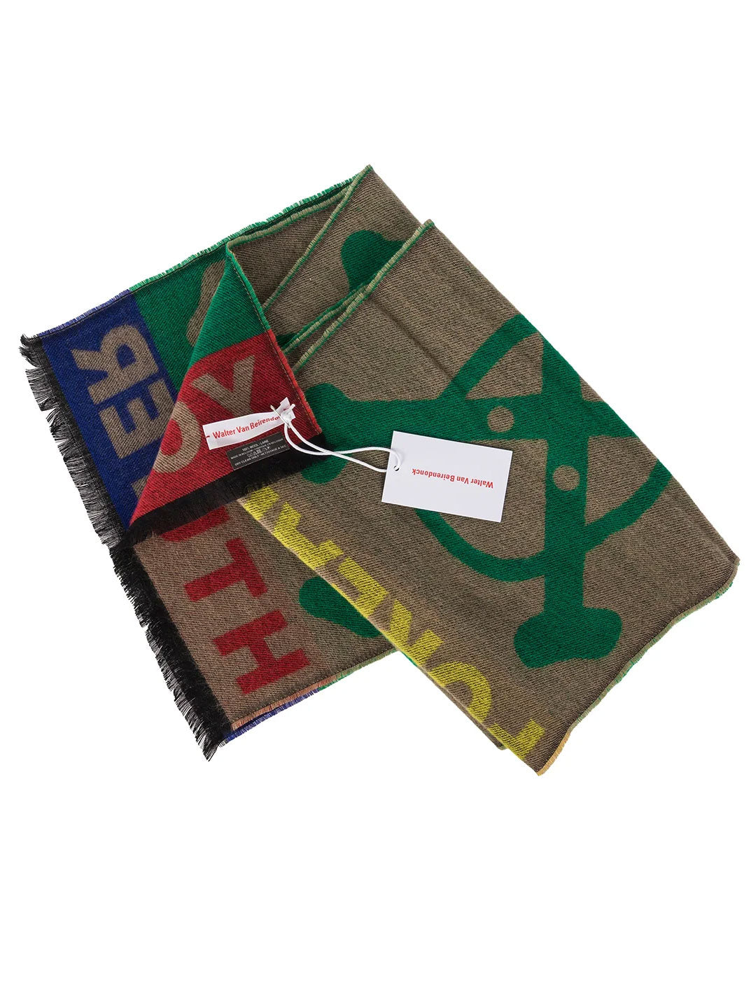 Walter Van Beirendonck Youth Scarf Single in Camel with graphic woven motifs, logo lettering and fringed edges, shown folded.