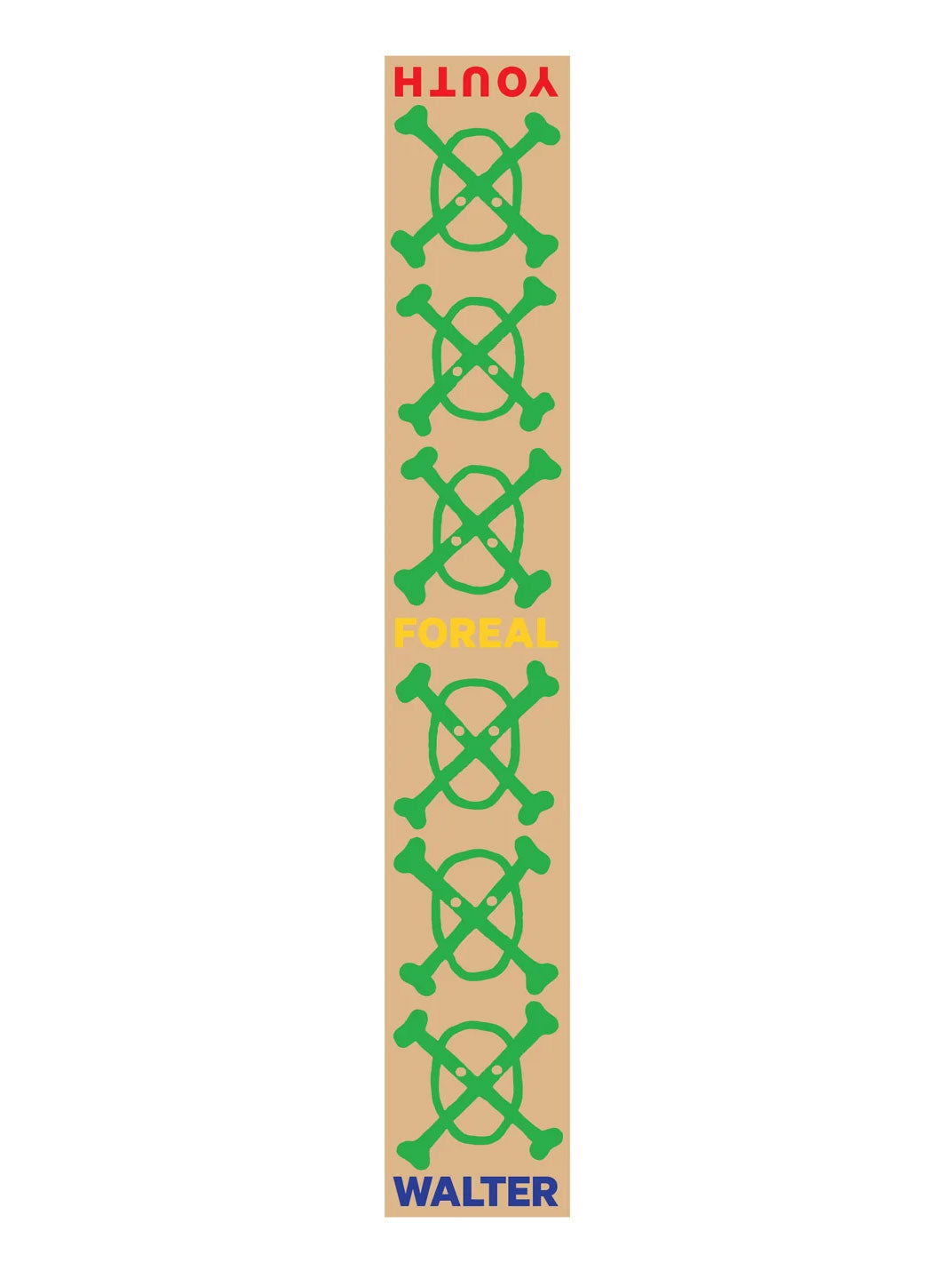 Walter Van Beirendonck Youth Scarf Single in Camel shown flat with repeated character motifs and statement lettering.