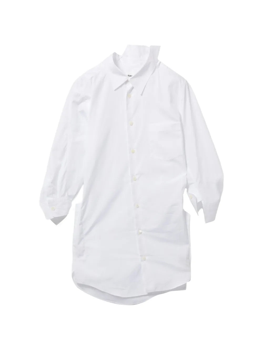 Junya Watanabe Asymmetric Wrinkled Blouse White - front view showing asymmetric cut, button fastening and chest pocket