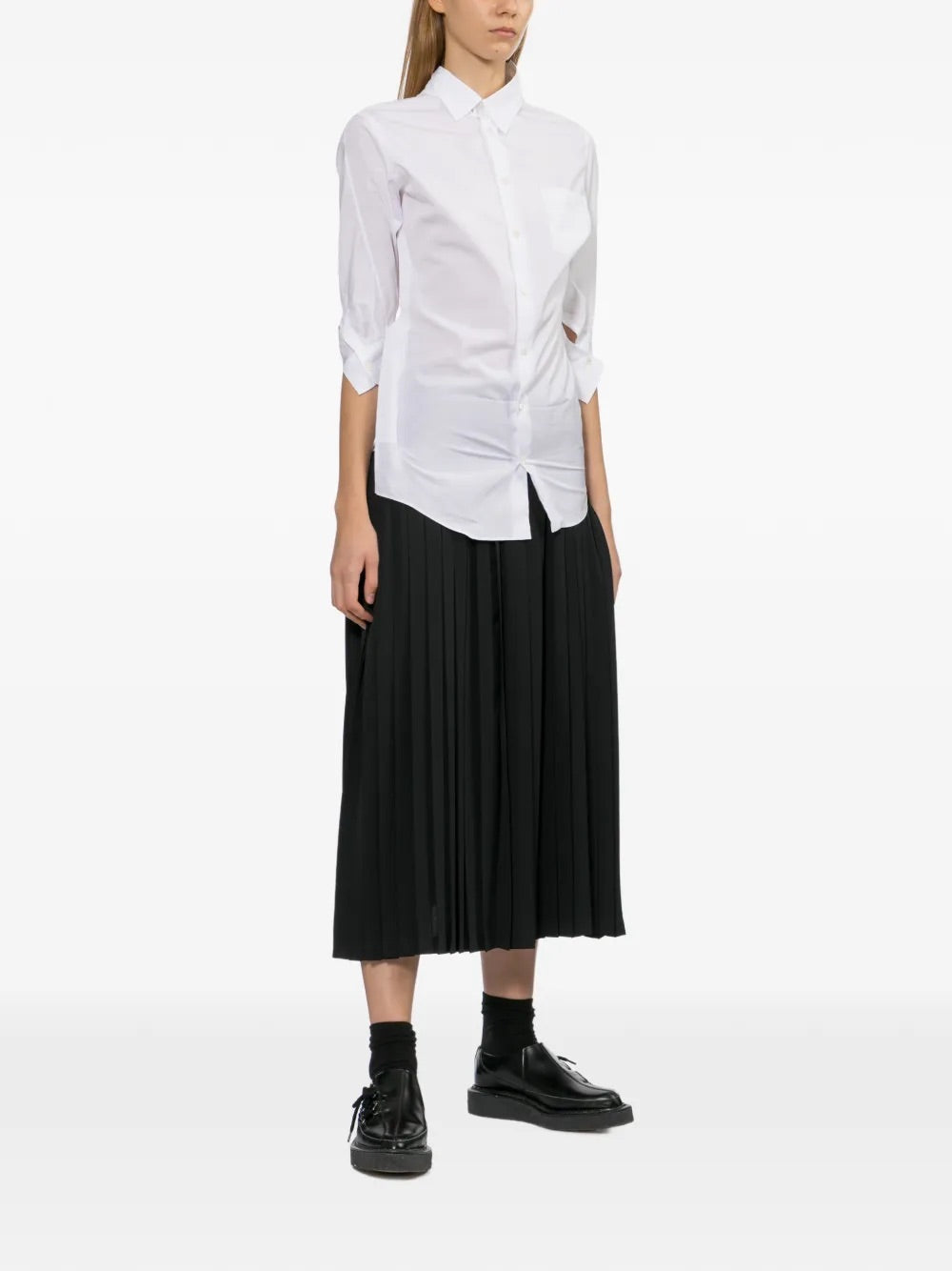 Junya Watanabe Asymmetric Wrinkled Blouse White - full body view showing styling and silhouette