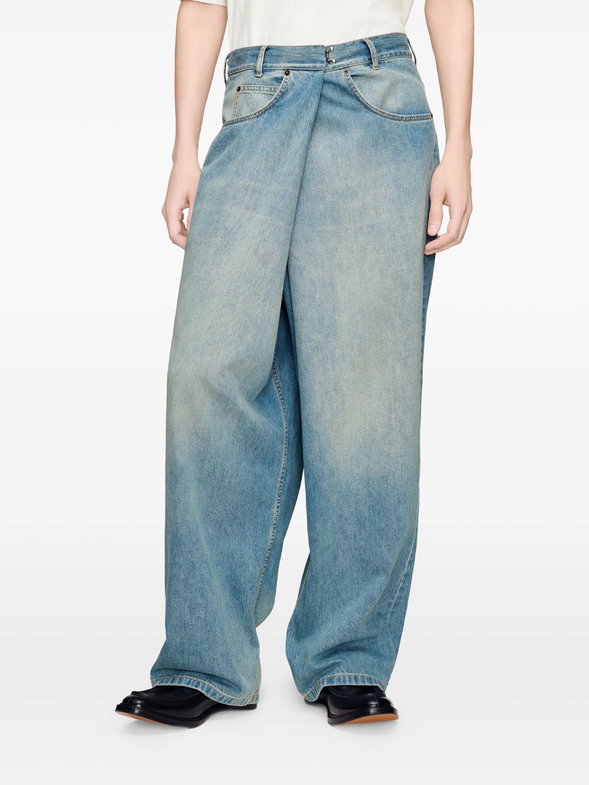 Front view of Maison Margiela Wrap Denim Trousers in Old Blue