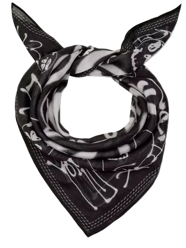 Y-3 Chito Bandana in Black / Multicolor, tied black and white printed bandana with Chito graphic artwork and pointed corners