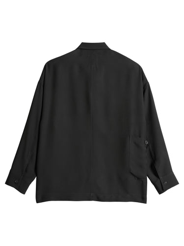 Back packshot of the Y-3 Chore Jacket Shirt in Black, highlighting the relaxed fit and straight back hem.