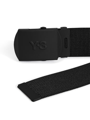 Close-up of the jacquard webbing on the Y-3 Classic Logo Belt in Black, showing the texture and sturdy construction.