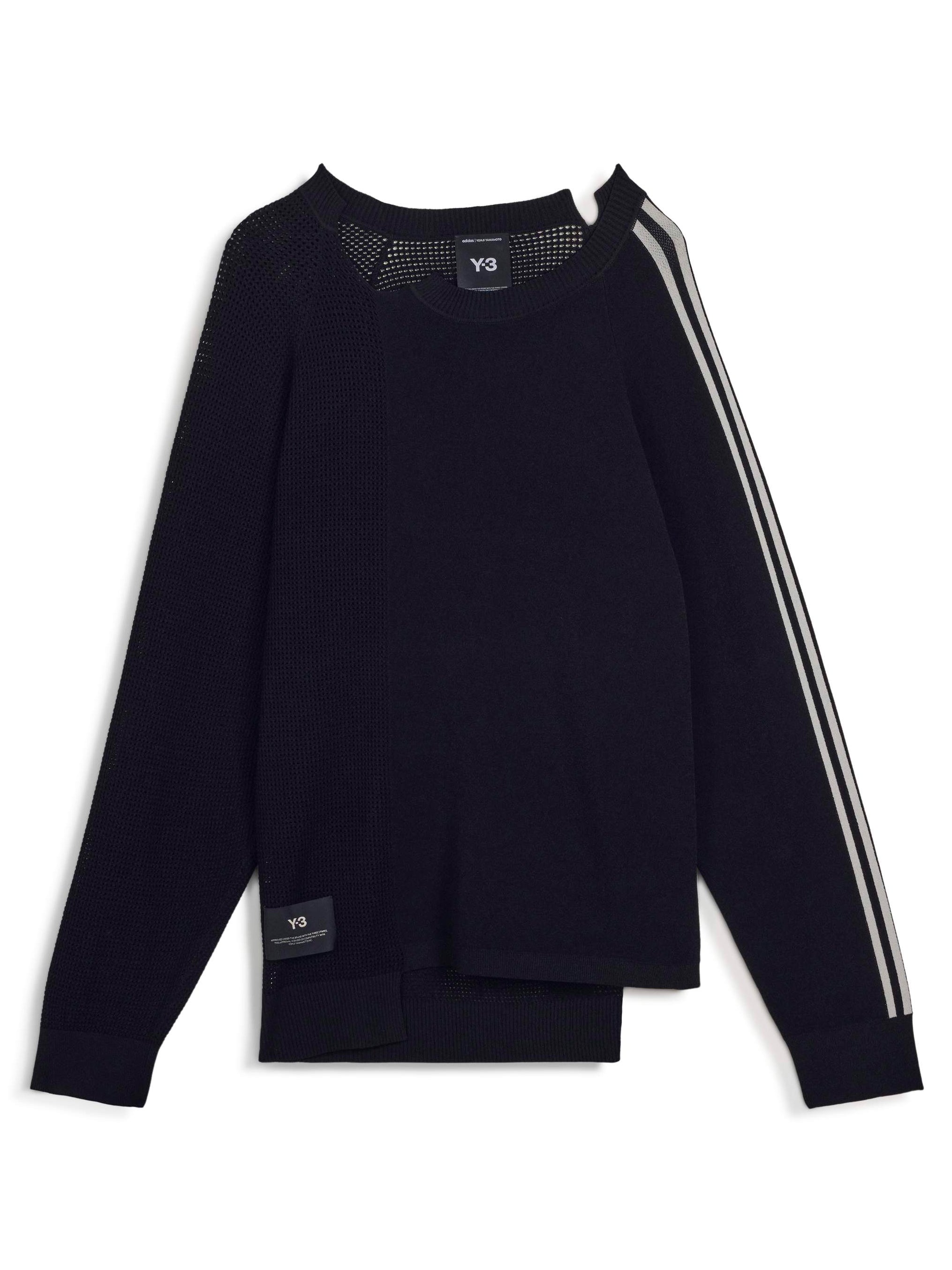 Front packshot of the Y-3 Logo Knit Sweatshirt in Black, showing the knit construction, loose fit, long sleeves, and Y-3 logo detailing.