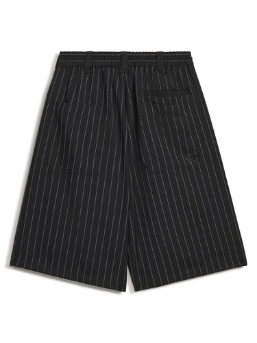 Back packshot of the Y-3 Pinstripe Sport Uniform Shorts in Black, highlighting the relaxed fit and textured woven fabric.