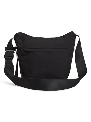 Back packshot of the Y-3 Small Crossbody Bag in Black, highlighting the adjustable strap and clean, minimalist design.