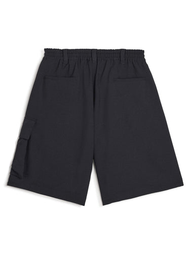 Back packshot of the Y-3 Sport Uniform Cargo Shorts in Black, highlighting the relaxed silhouette and clean back finish.