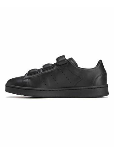 Alternate side packshot of the Y-3 Stan Smith Hook-and-Loop Shoes in Black, emphasizing the perforated 3-Stripes and sleek leather upper.